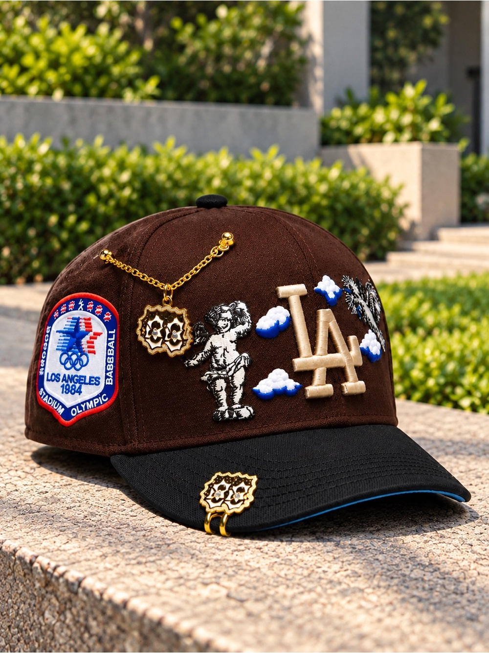 Brown & Black LA Embroidered Baseball Cap with Gold Charm Details